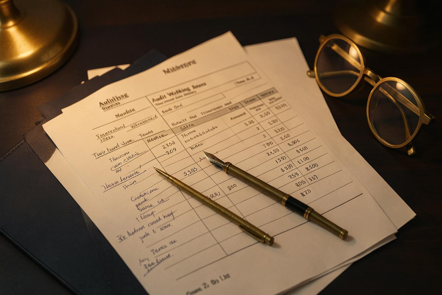 Audit working papers on a desk — spreadsheets with handwritten margin notes, glasses and a pen